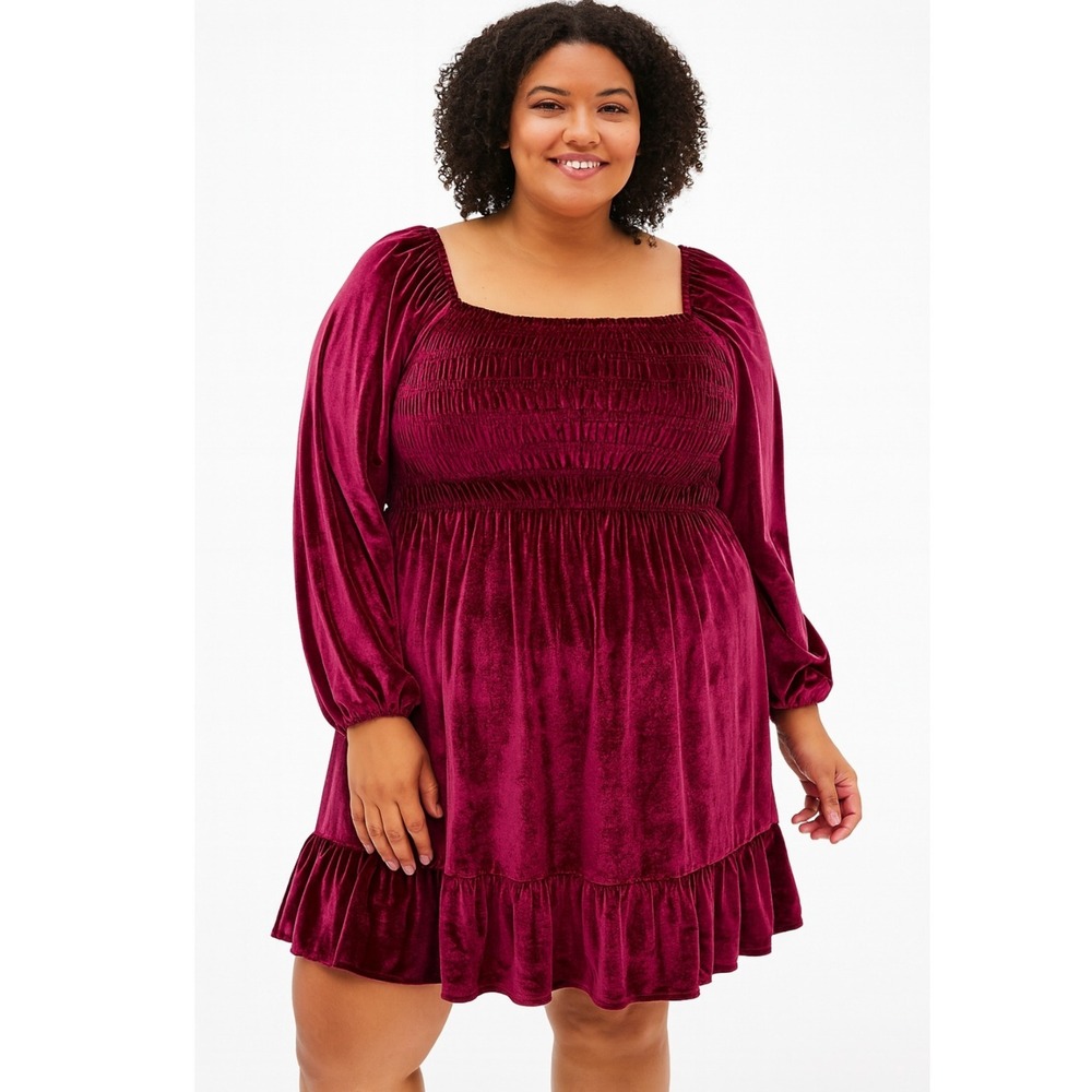 Lauren Conrad Burgundy Velvet Smocked‎ Long Sleeve Ruffle Hem Mini Dress XXL